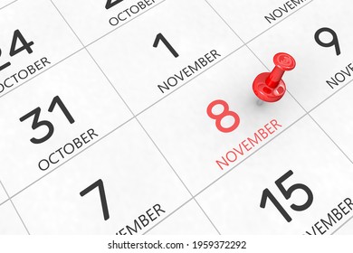 3d rendering of important days concept. November 8th. Day 8 of month. Red date written and pinned on a calendar. Autumn month, day of the year. Remind you an important event or possibility. - Powered by Shutterstock