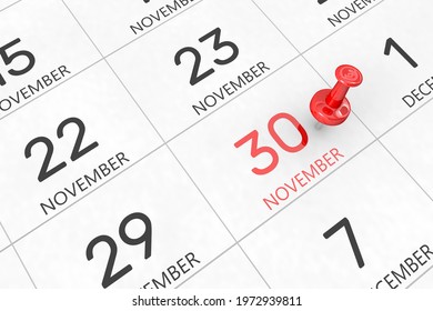 3d rendering of important days concept. November 30th. Day 30 of month. Red date written and pinned on a calendar. Autumn month, day of the year. Remind you an important event or possibility. - Powered by Shutterstock