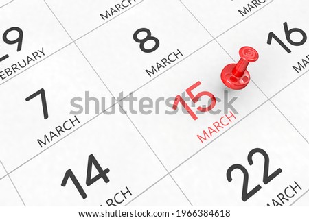 3d rendering of important days concept. March 15th. Day 15 of month. Red date written and pinned on a calendar. Spring month, day of the year. Remind you an important event or possibility. Stock photo © 