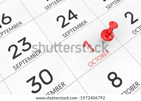3d rendering of important days concept. October 1st. Day 1 of month. Red date written and pinned on a calendar. Autumn month, day of the year. Remind you an important event or possibility.