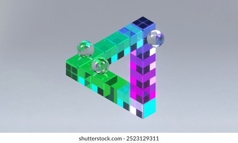 3d rendering of an impossible object made of colorful cubes with glass spheres balancing on top, evoking a sense of illusion and playful geometry