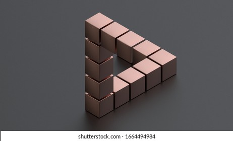 3D rendering of an impossible triangle consisting of pink metal cubes on a matte surface. Riddle, optical illusion, isometric projection.