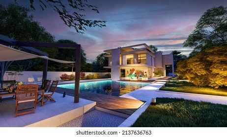 3D rendering of an impressive contemporary villa with garden and pool at dusk - Shutterstock ID 2137636763