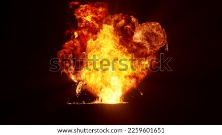 3D rendering of an impressive intense explosion on a black background. Composition of a detonating bright colorful explosion, shock wave and puffs of smoke filling the space