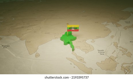 3d Rendering Independence Day Of Myanmar National Flag Flying On Country Map On World