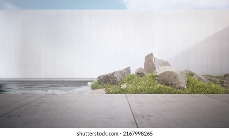 3D Rendering Of Indoor Garden In Modern House Or Hotel. Concrete Floor Terrace And Pool With Empty Wall Background.