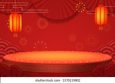 3D Rendering Indoor Scene Chinese New Year Product Display Platform Traditional Festival