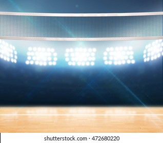 A 3D rendering of an indoor volleyball court with a net on a wooden floor under illuminated floodlights