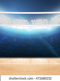 A 3D rendering of an indoor volleyball court with a net on a wooden floor under illuminated floodlights