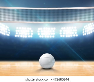 A 3D rendering of an indoor volleyball court with a net and ball on a wooden floor under illuminated floodlights