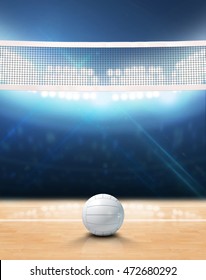 A 3D rendering of an indoor volleyball court with a net and ball on a wooden floor under illuminated floodlights