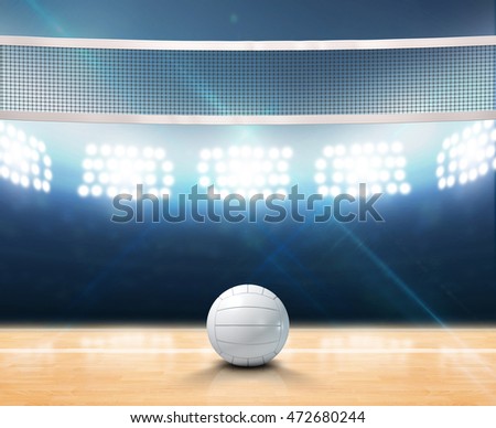 A 3D rendering of an indoor volleyball court with a net and ball on a wooden floor under illuminated floodlights