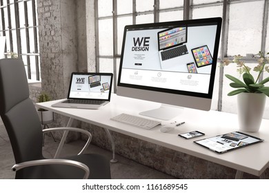 3d rendering of industrial office with devices showing interface website design