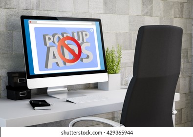 3d rendering of industrial workspace showing ads blocker on computer screen. All screen graphics are made up.