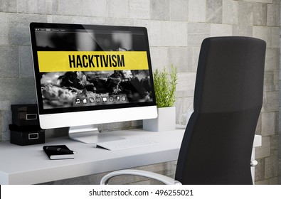 3d Rendering Of Industrial Workspace Showing Hacktivism On Computer Screen. All Screen Graphics Are Made Up.