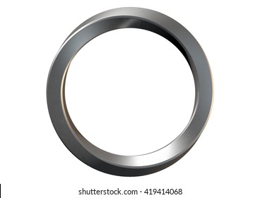 A 3D rendering of an infinity symbol ring made of shiny steel on an isolated white studio background