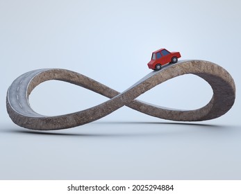 3D rendering of infinity symbol road in adventure route concept. Red toy car on earth land with asphalt driveway.