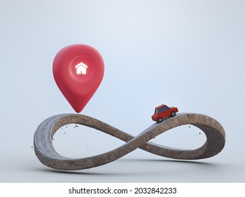 3D Rendering Of Infinity Symbol Road In Adventure Route Or Property Investment Concept. Location Pin Icon And Red Toy Car On Earth Land With Asphalt Driveway.