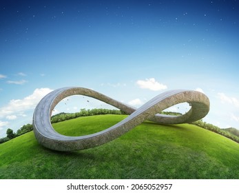 3D Rendering Of Infinity Symbol Road In Adventure Route Concept. Earth Land With Asphalt Driveway On Small Green Planet And Blue Sky Background.