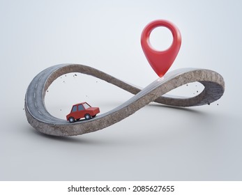 3D Rendering Of Infinity Symbol Road In Adventure Route Or Insurance Concept. Location Pin Icon And Red Toy Car On Earth Land With Asphalt Driveway.