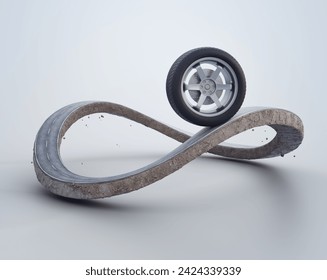 3D rendering of infinity symbol road in adventure route concept. Car wheel on earth land with asphalt driveway.