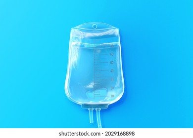 3d rendering of infusion bag in the pure blue background, IV drip chamber, IV tubing, and IV bag of solution with copy space.saline solution in vignette style and blank area 