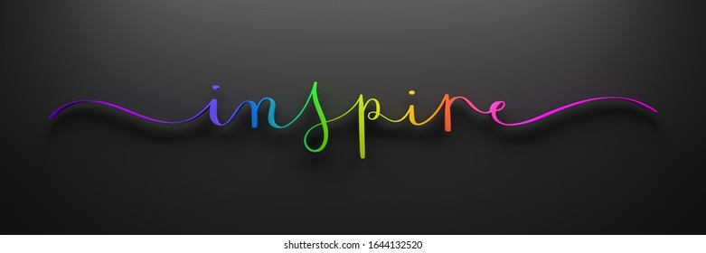 3D rendering of INSPIRE rainbow-colored brush calligraphy on dark background