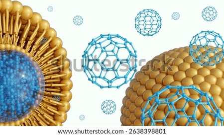 a 3d rendering of the interaction or encapsulation of fullerenes within liposomes, applications in nanotechnology, drug delivery, or materials science. 