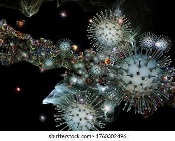 3D rendering of interaction of viral particles and abstract microscopic elements on the subject of Coronavirus, infection, epidemic, biology and healthcare