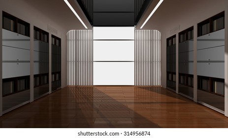 3d rendering interior. Blank interior with white walls, oak floor. book Room