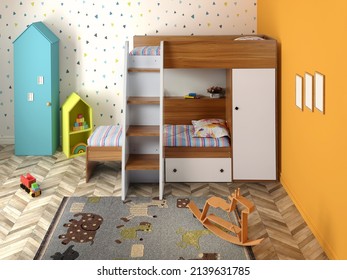 3D Rendering . Interior Of Children Room With Bunk Bed 