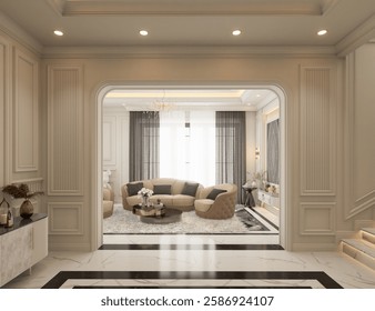 3D rendering Interior design of a classic hall marble floor black and white, White Doors and Rest zone decorated with a ceiling and chenderliar.