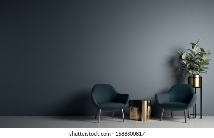 3D rendering interior design of living room and blue wall texture background