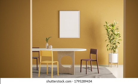 3d Rendering Interior Dining Room With Table And Chairs Decoration By Empty Photo Frame On The Yellow Paint Wall And Indoor Plant In Pot In A Concept Of Social Distancing And New Normal Life Style.