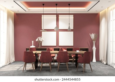 3d rendering interior of dining room with credenza and 4 frames mock up. Cement floor and red wall background. Set 3