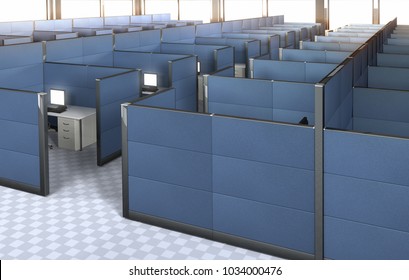 3D Rendering Of The Interior Of An Empty Office With Cubicles. 