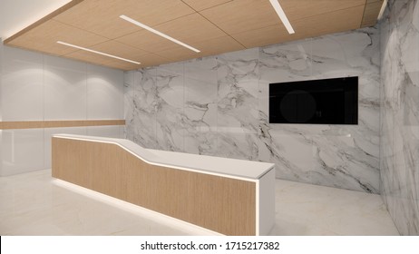 3d Rendering. Interior Hospital Modern Design . Counter And Waiting Area  Empty Reception Medical Practice Concept.4k