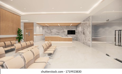 3d rendering. Interior hospital modern design . Counter and Waiting area  Empty Reception Medical practice concept.4k