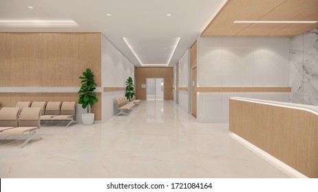 3d rendering. Interior hospital modern design . Counter and Waiting area  Empty Reception Medical practice concept.4k