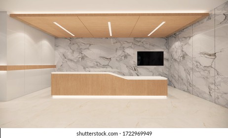 3d Rendering. Interior Hospital Modern Design . Counter And Waiting Area  Empty Reception Medical Practice Concept.4k