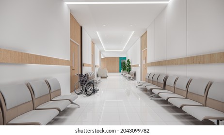 3d Rendering .Interior Hospital Modern Design . Counter And Waiting Area  Empty Reception  Corridior .Medical Practice Concept.