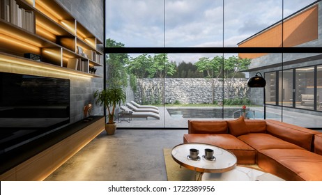 3d Rendering. Interior House Modern Open Living Space With Kitchen.Loft Style Duplex  Residence .Home Decoration Luxury  Interior-exterior Design.Outdoor Terrace With Swimming Pool.