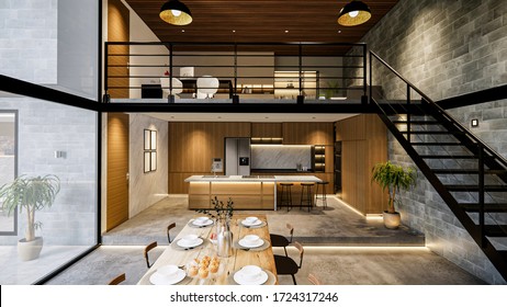 3d rendering. Interior house modern open living space with kitchen.Loft style Duplex  residence .Home decoration luxury  interior-exterior design.Outdoor terrace with swimming pool.