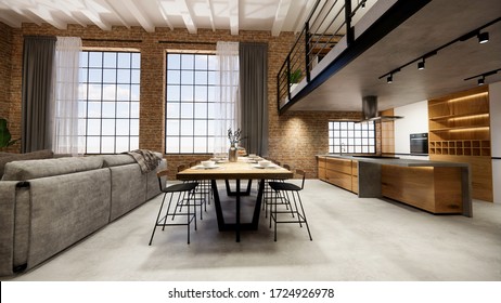3d Rendering. Interior House Modern Open Living Space With Kitchen.Loft Style Duplex Apartment Residence.Home Decoration Luxury  Interior Design.
