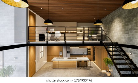 3d rendering. Interior house modern open living space with kitchen.Loft style Duplex  residence .Home decoration luxury  interior-exterior design.Outdoor terrace with swimming pool.