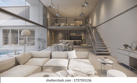 3d rendering. Interior house modern open living space with kitchen.Loft style Duplex apartment residence.Home decoration luxury  interior design.