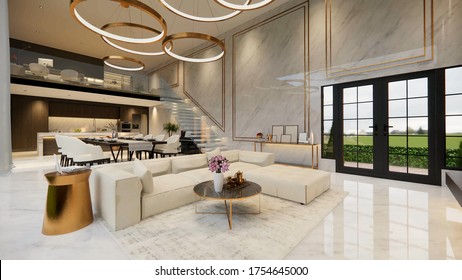 3d rendering. Interior house modern open living space with kitchen.Luxury modern style Duplex apartment residence.Home decoration luxury  interior design.