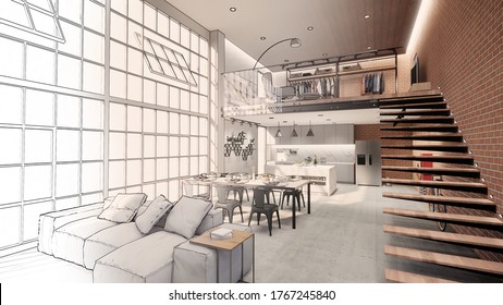 3d Rendering. Interior House Modern Open Living Space With Kitchen.Loft Style Duplex Apartment Residence.Home Decoration   Interior Design.drawing Line Sketch To Realistic.