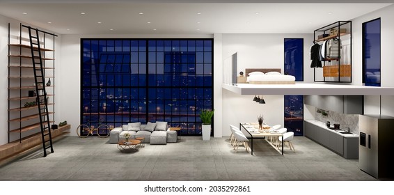 3d rendering. Interior house modern open living space with kitchen.Loft style Duplex apartment residence.Home decoration luxury  interior design.