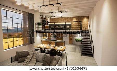 3d rendering. Interior house modern open living space with kitchen.Loft style Duplex apartment residence.Home decoration luxury  interior design.